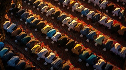 Aufkleber - a large group of people sitting in a row, Muslims performing Night prayers (Taraweeh) in mosque in harmony
