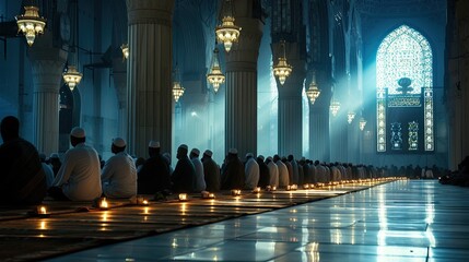 Aufkleber - a large group of people sitting in a row, Muslims performing Night prayers (Taraweeh) in mosque in harmony