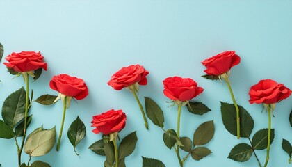 Wall Mural - creative arrangement of red flowers and leaves on pastel blue background blooming rose concept flat lay minimal nature