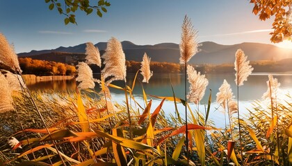 Wall Mural - phragmites australis leaves and flowers close to the lake in autumn