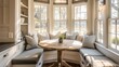 © Salman - cozy suburban farmhouse breakfast nook with built-in seating, a round table, and light streaming in through bay windows