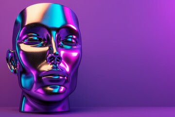 Poster - Futuristic metallic face sculpture in vibrant purple lighting highlighting modern art bold aesthetics and sleek contemporary design