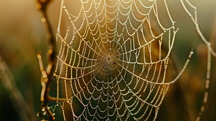 Macro shot of a dew-covered spider web. 