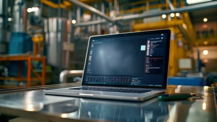 Poster - a laptop computer sits on a table in an industrial facility. the laptop is open with a dark screen a