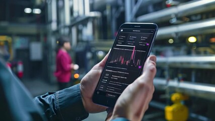 Poster - a worker in an industrial setting uses their smartphone to monitor data and performance metrics. the