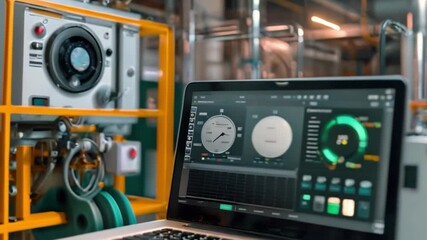 Poster - a laptop in a factory shows graphs and data of industrial equipments operation on its screen.