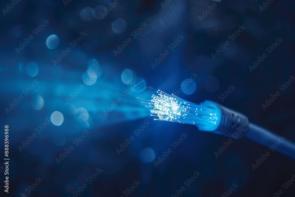Illuminated fiber optic cable closeup in dark background technology ...