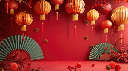 Chinese New Year decoration with traditional paper fans and lantern on red background