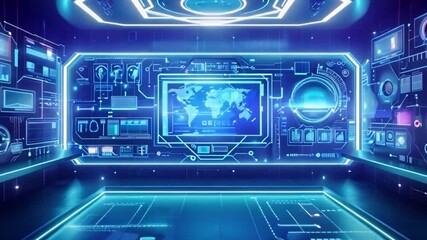 Poster - A high-tech control room features a central world map display surrounded by data dashboards and screens. Blue neon lights illuminate the room.