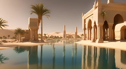 Sticker - Mythical city of Zerzura hidden deep within the Sahara Desert surrounded by date palms and crystal clear pools of water with ancient elegant structures partially blank covered in sand 4k animation