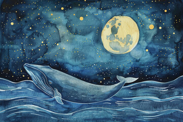 Wall Mural - fantasy whale and moon painting