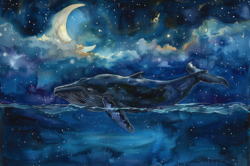 Wall Mural - fantasy whale and moon painting