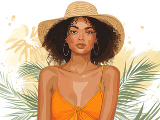 A woman wearing a straw hat and an orange dress. She is sitting in front of a palm tree