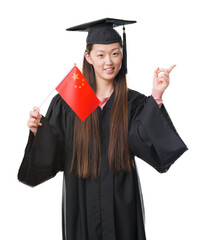 Sticker - Young Chinese woman wearing graduate uniform holding China flag very happy pointing with hand and finger to the side