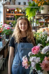 Wall Mural - happy caucasian young woman standing in her own flower shop