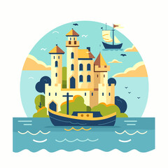 Castle on the sea. Vector illustration in flat design style.