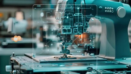 Poster - a close-up shot of an industrial sewing machine with a digital overlay displaying a technical diagra