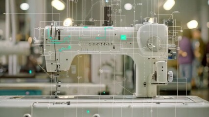 Poster - A close-up of a white industrial sewing machine with a digital overlay of lines and circles, suggesting automation and technology.