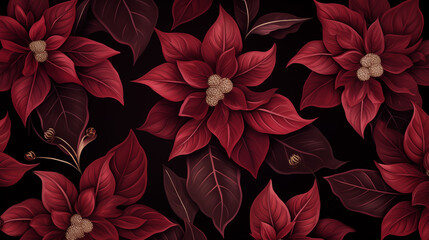 Poster - Vibrant Red Poinsettia Blossoms on Dark Maroon Background