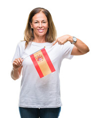 Wall Mural - Middle age hispanic woman holding flag of Spain over isolated background with surprise face pointing finger to himself