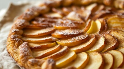 Wall Mural - Close-up of irresistible, mouth-watering vegan apple galette. Vegan apple galette in a gourmet and elegant style.