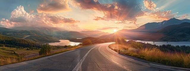 Poster - Serene Sunset Road Through Mountain Landscape