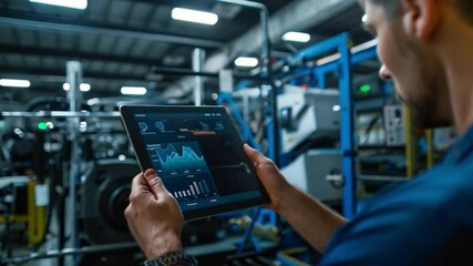 Poster - A worker in a manufacturing facility analyzes data on a tablet. The screen shows charts and graphs, potentially related to production or process performance.