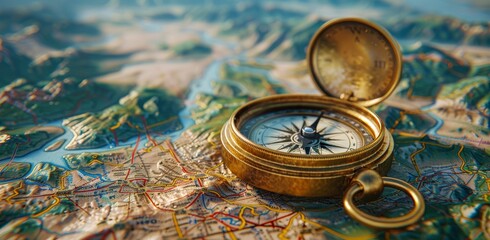 an antique compass resting on a detailed 3d map