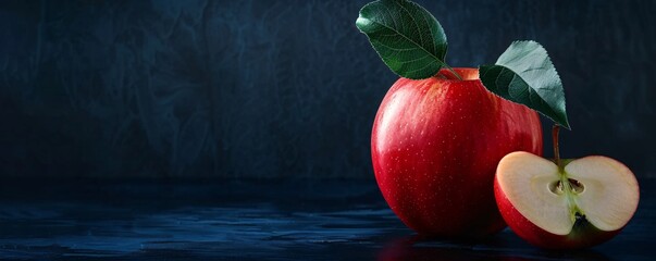 Wall Mural - Fresh red apple with a leaf and a slice beside it