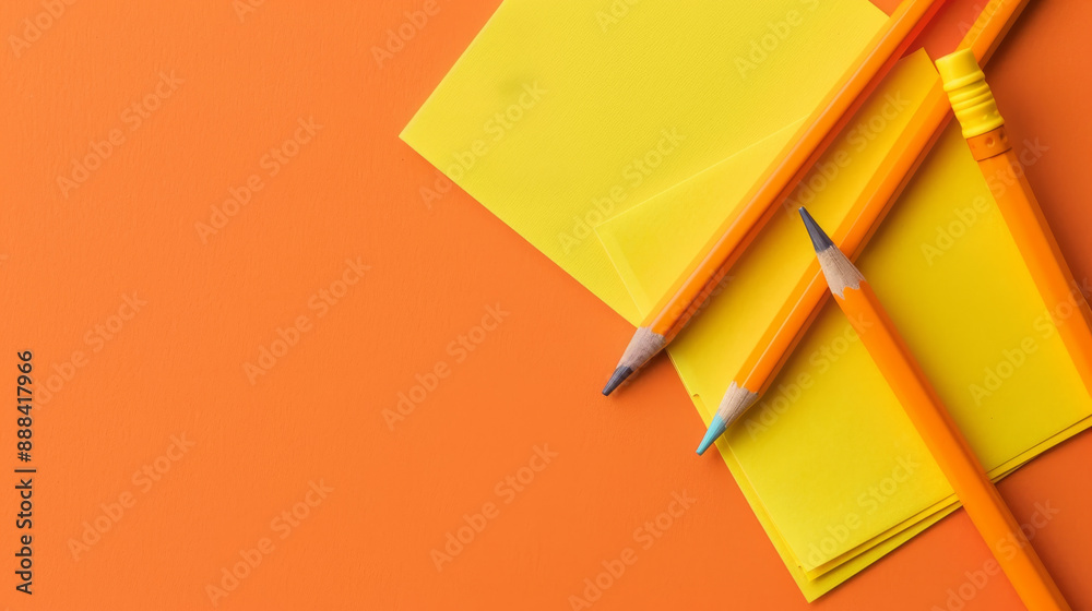 Bright yellow sticky notes with pencils on an orange backdrop. Perfect ...