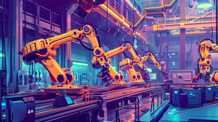 A vibrant illustration of a heavy automation robot arm machine operating in a smart factory showcasing the seamless integration of advanced technologies in Industry 4.0