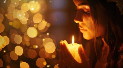 Woman praying in peaceful candlelight for spirituality and world peace.