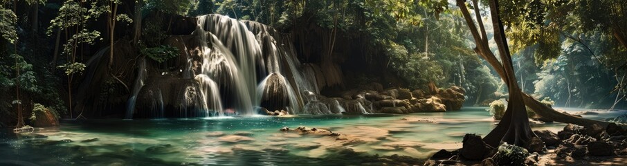 Wall Mural - Waterfall in a Lush Tropical Forest