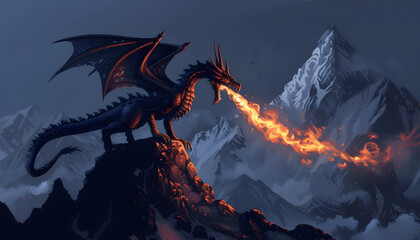 Wall Mural - Icon of a majestic dragon breathing fire atop a mountain peak ar7 4 Generative AI