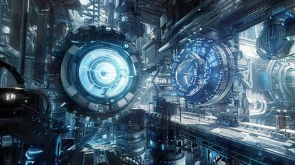 Wall Mural - Dynamic scene of technology and engineering concept showcasing gears wires and digital elements interconnecting in a symphony of motion