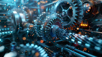 Wall Mural - Dynamic scene of technology and engineering concept showcasing gears wires and digital elements interconnecting in a symphony of motion