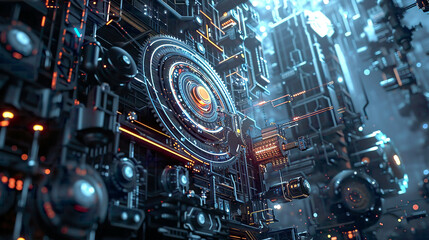 Wall Mural - Dynamic scene of technology and engineering concept showcasing gears wires and digital elements interconnecting in a symphony of motion advanced machinery and futuristic architecture