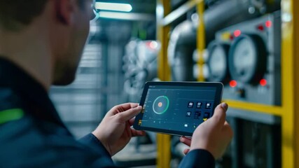 Poster - a worker in a industrial setting uses a tablet to monitor and control machinery.