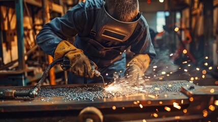 Poster - A man in a blue shirt and black gloves is working on a piece of metal. Concept of hard work and dedication, as the man is focused on his task