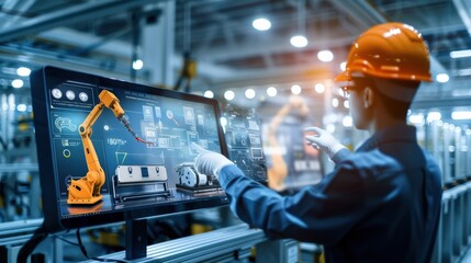 Poster - A man is pointing at a robot on a computer screen. The robot is orange and has two screens. The man is wearing a hard hat