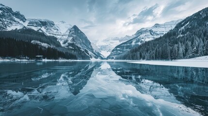 Poster - Winter Serenity: Frozen Lake Reflects Snowy Mountains