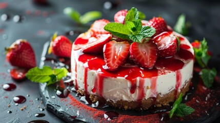 Wall Mural - Strawberry cheesecake with fresh mint 