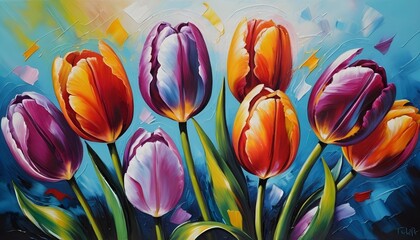 Wall Mural - Bouquet of colorful tulip flowers painting for canvas print.