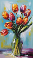 Wall Mural - Bouquet of colorful tulip flowers painting for canvas print.