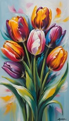 Wall Mural - Bouquet of colorful tulip flowers painting for canvas print.