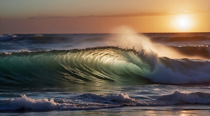 Wall Mural - Wonderful Breaking Ocean Wave Backlit Sunset Golden Hour Background