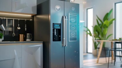 Poster - A stainless steel refrigerator with a digital interface is shown in a modern kitchen. The appliance appears to be connected to the internet and has a sleek design.