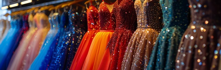 Wall Mural - Sequined Evening Dresses Hanging on Racks in a Boutique