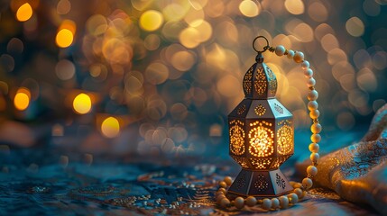 Wall Mural - A golden Ramadan lamp with decorative designs and a rosary. A backdrop for Islamic festivities.