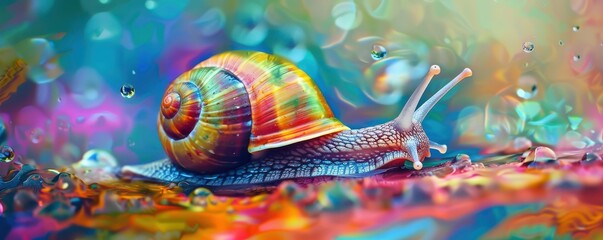 A colorful snail is on a colorful background.